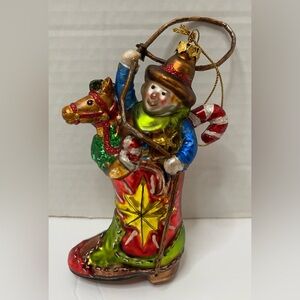 Christmas ornament cowboy and horse in a cowboy boot red and green
